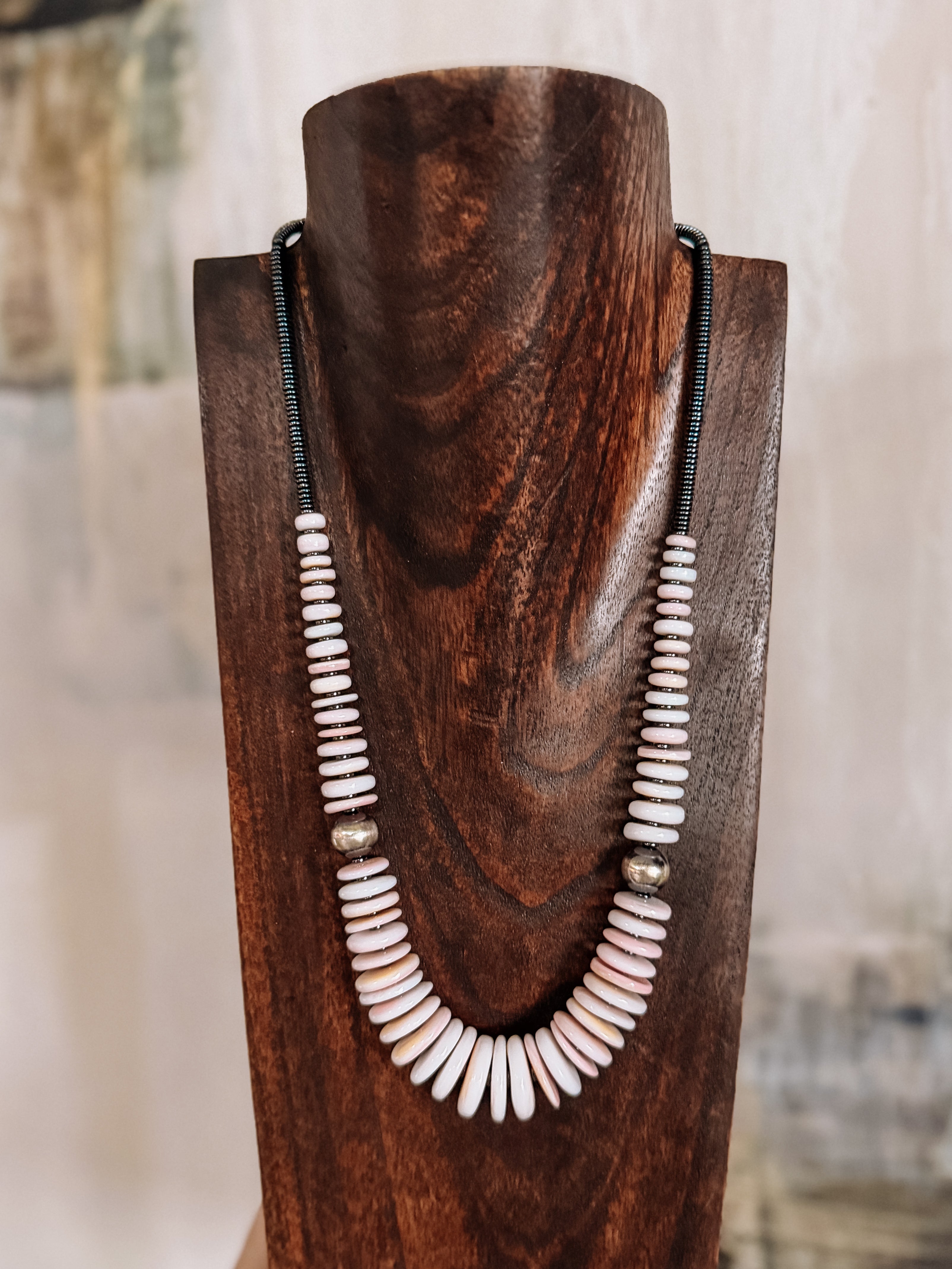 pink conch beaded statement necklace with sterling silver pearls