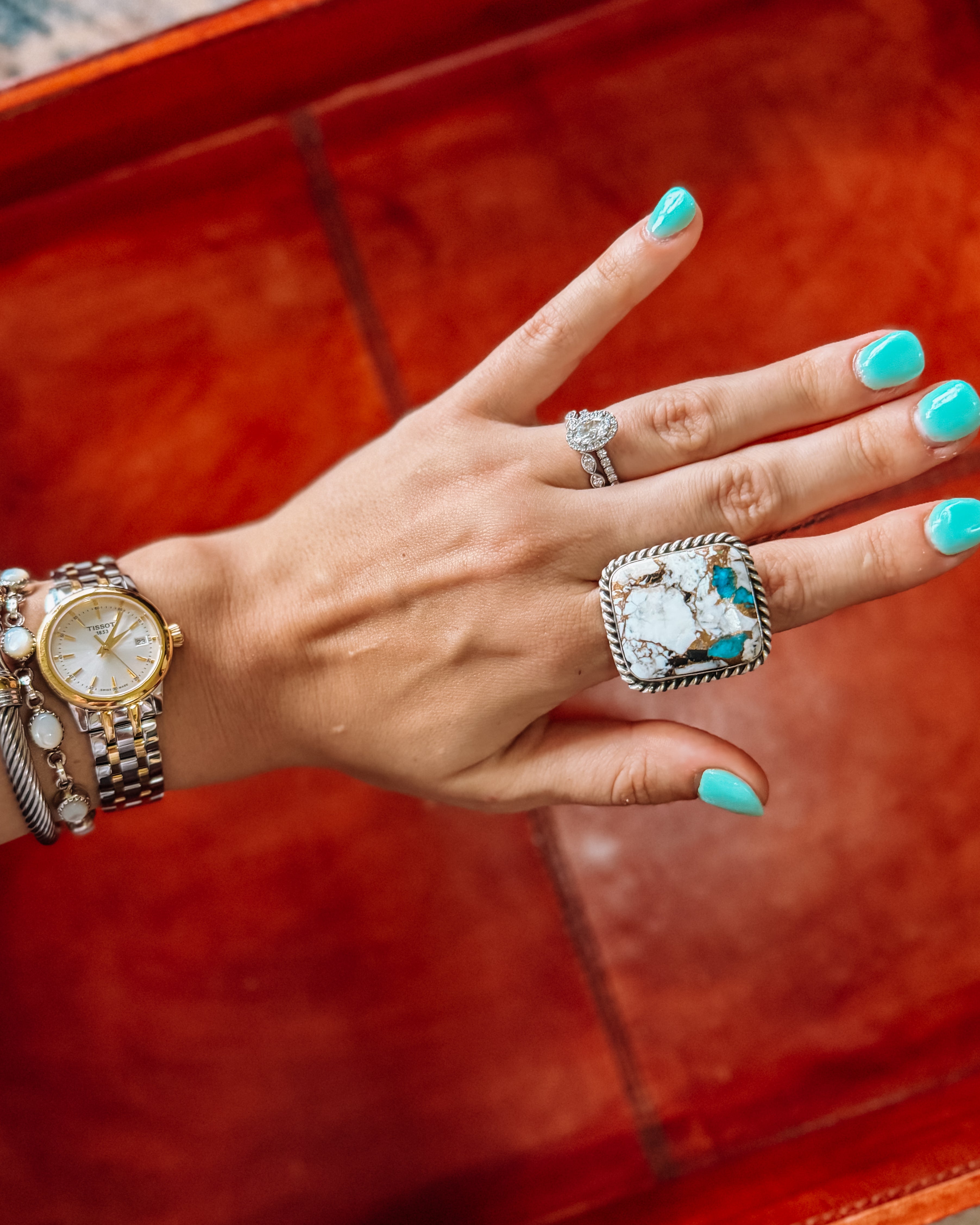 large statement white buffalo and turquoise adjustable ring