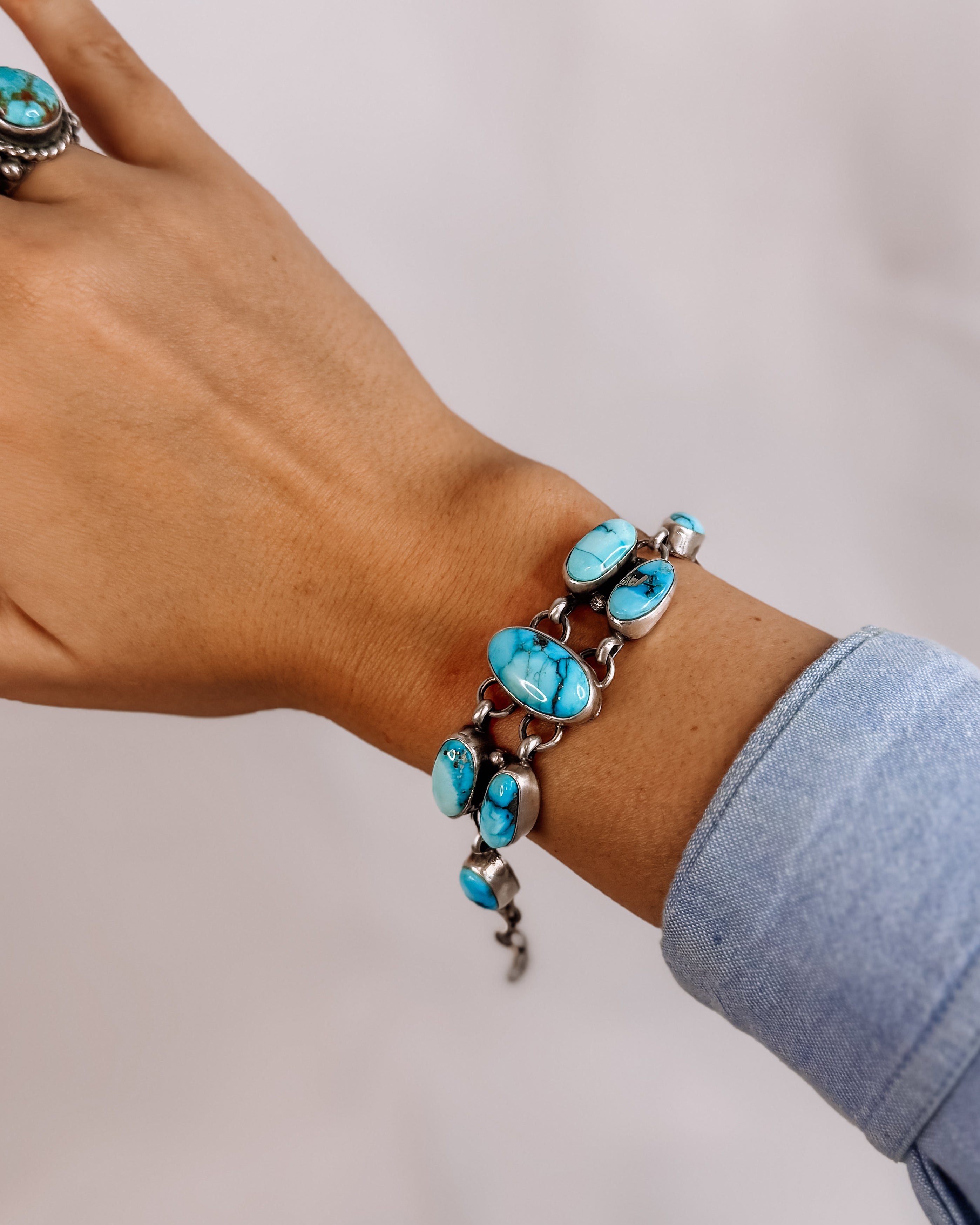 turquoise and sterling silver link statement bracelet