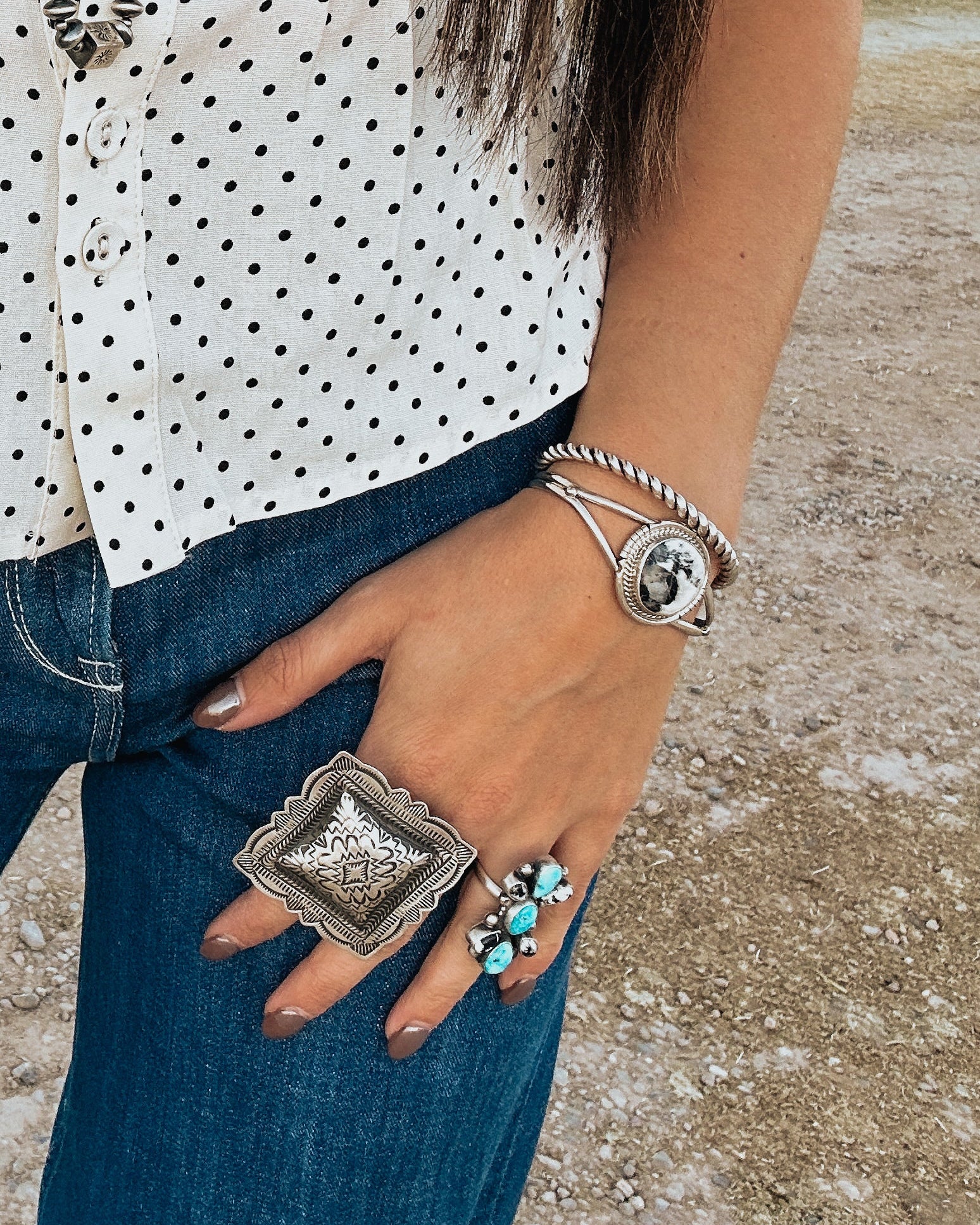 white buffalo cuff bracelet, sterling silver twist cuff bracelet, large adjustable stamped concho ring