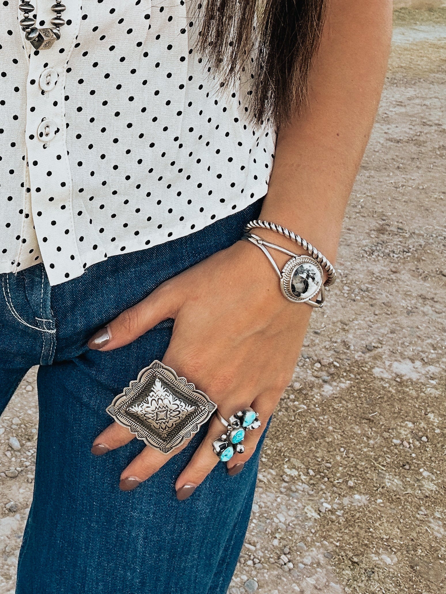 white buffalo cuff bracelet, sterling silver twist cuff bracelet, large adjustable stamped concho ring