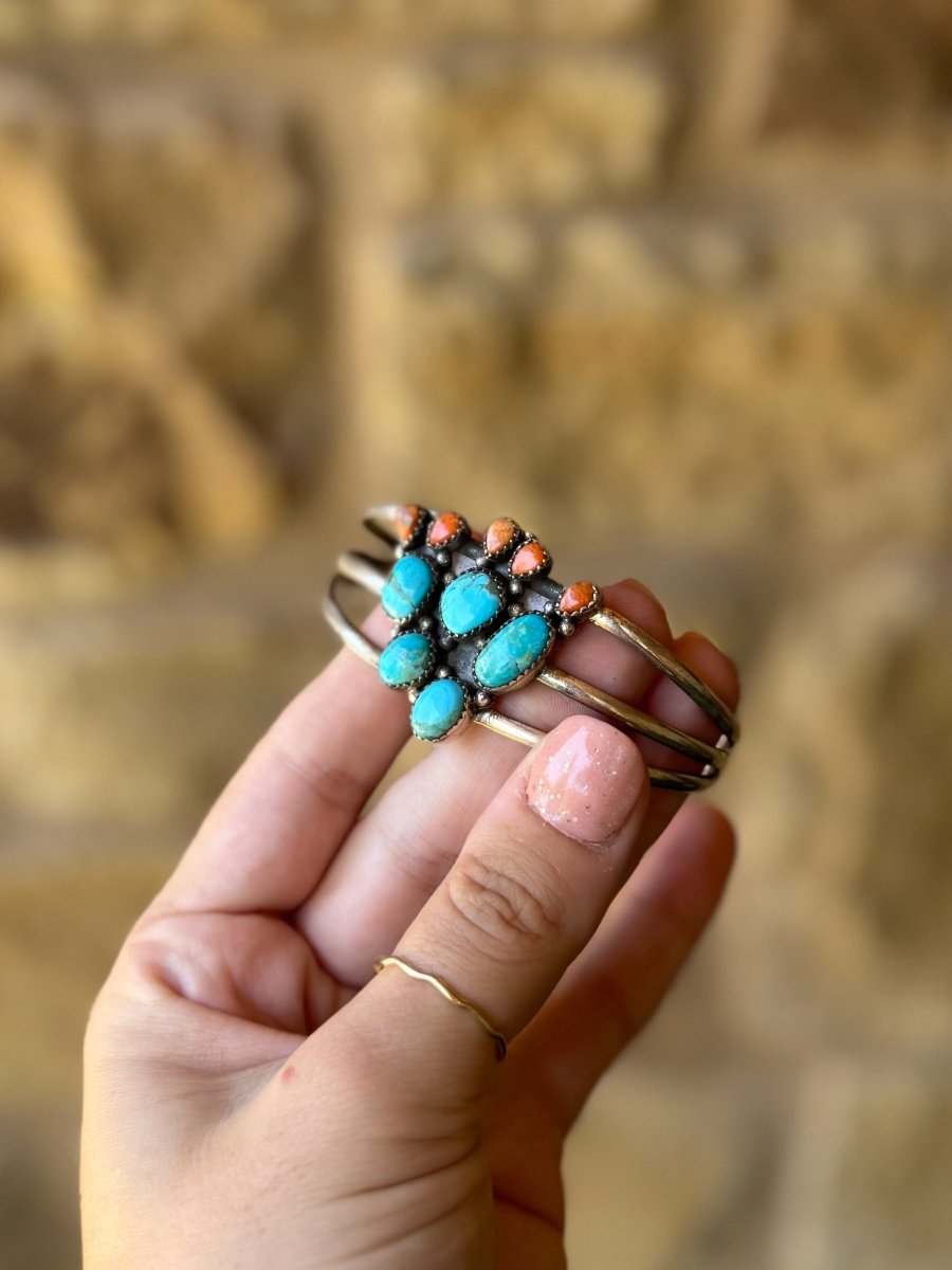 Alvord Turquoise + Apple Coral Cactus Cuff Bracelet - Horseshoe J & Co.