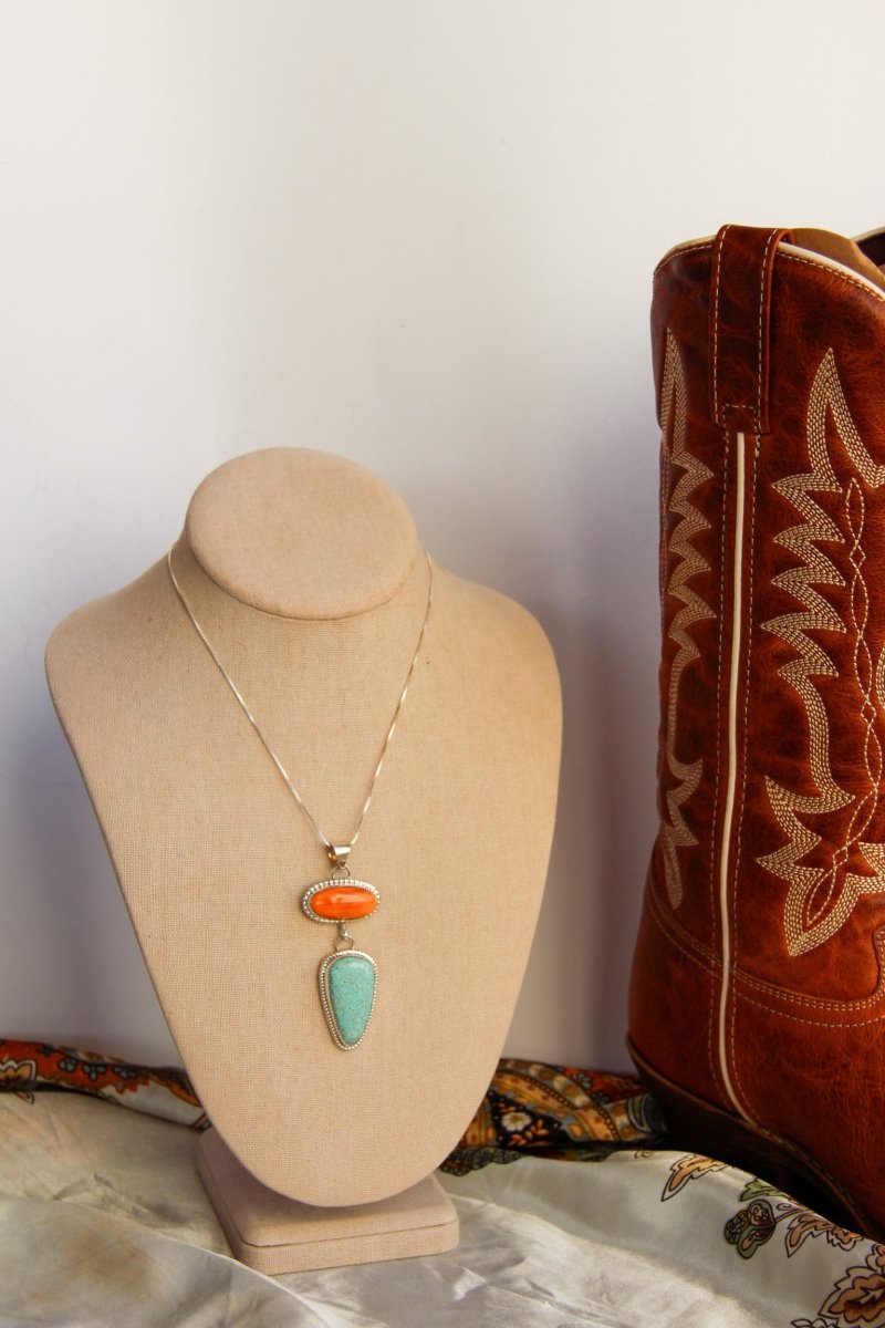 Henderson Orange Spiny Oyster + Turquoise 2 Stone Necklace - Horseshoe J & Co.