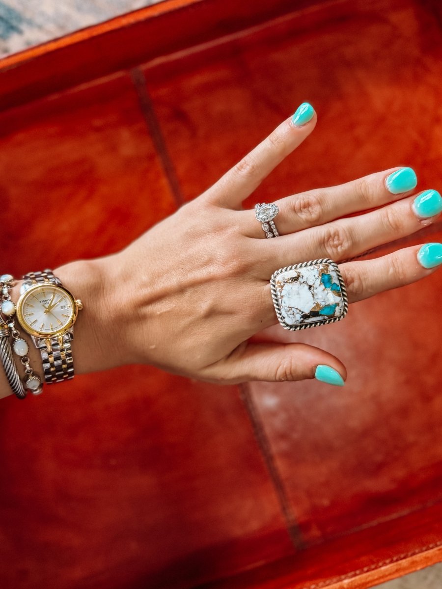 Kirkland Adjustable White Buffalo/Turquoise Ring - Horseshoe J & Co.