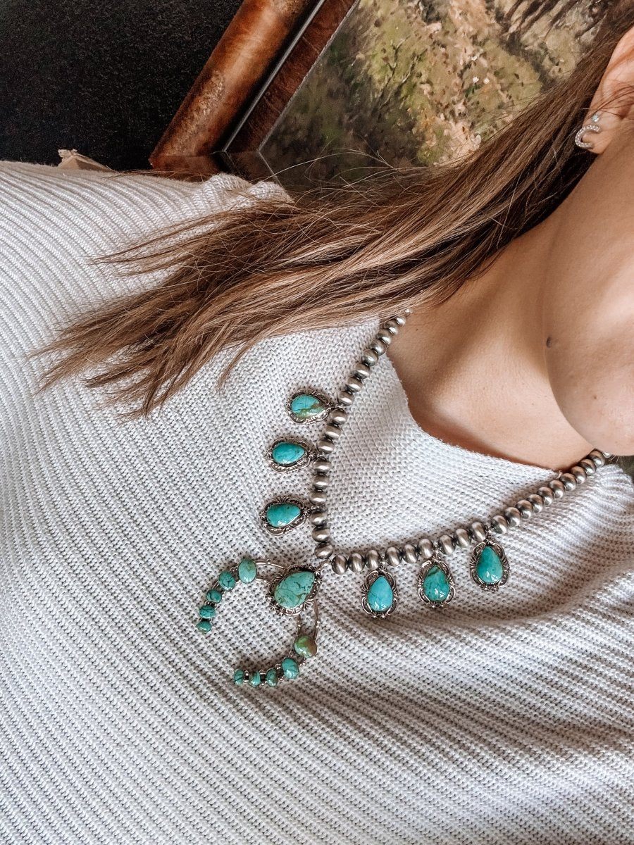 Two Stories Wide Turquoise Squash Blossom - Horseshoe J & Co.