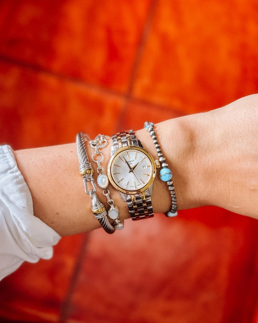 Yucca Golden Hills + Sterling Silver Pearl Stretch Bracelet - Horseshoe J & Co.