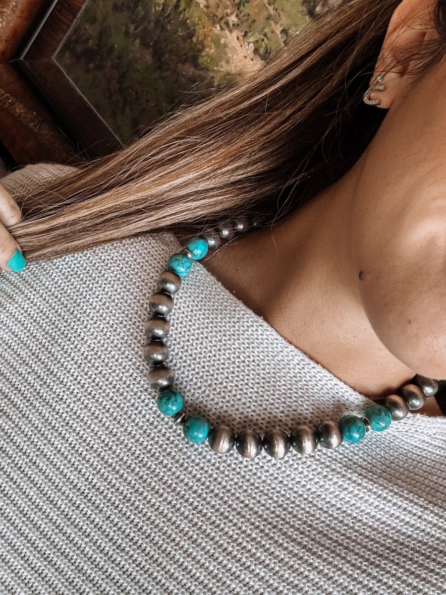 14mm 18" Sterling Silver Pearl with Turquoise Necklace - Horseshoe J & Co.