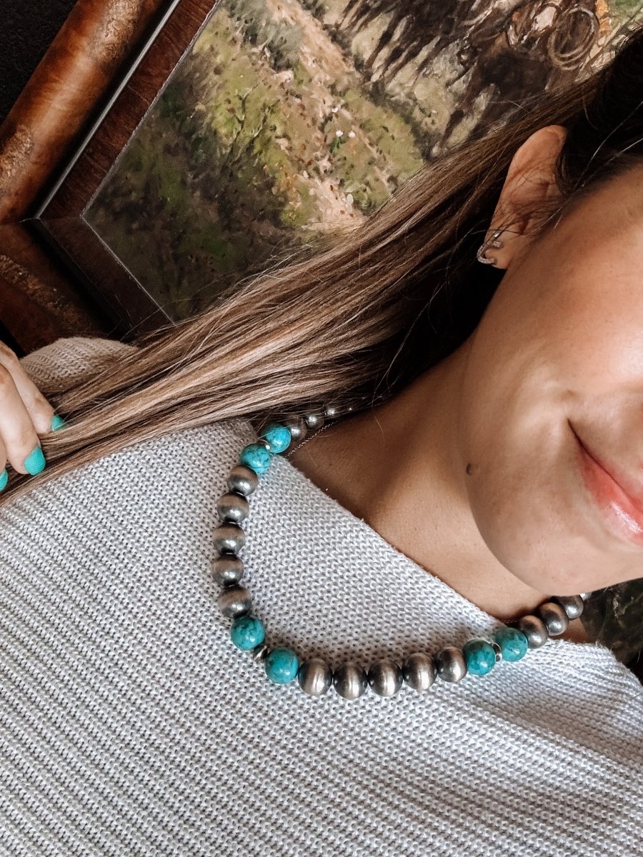 14mm 18" Sterling Silver Pearl with Turquoise Necklace - Horseshoe J & Co.