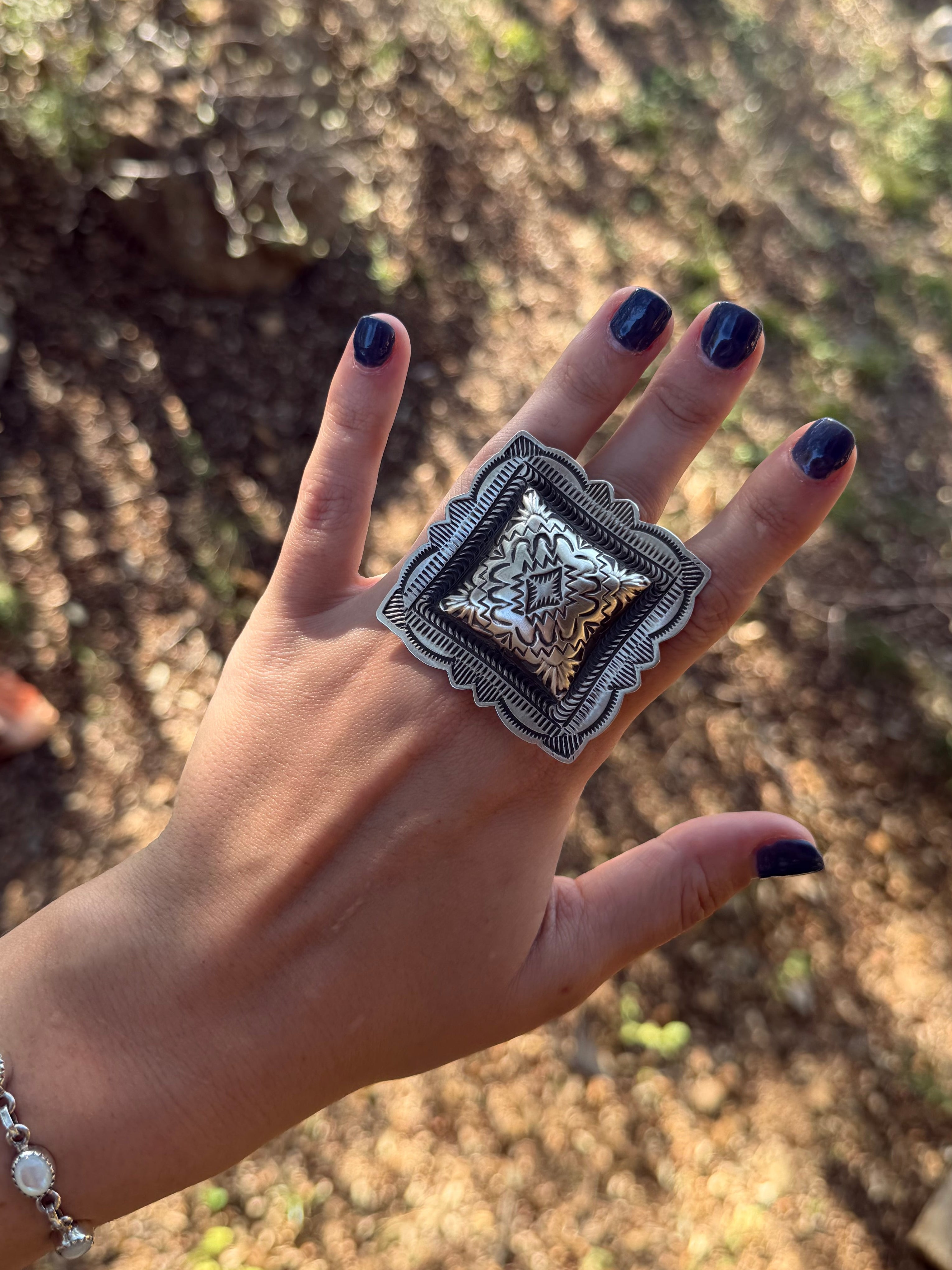 large sterling silver adjustable concho ring