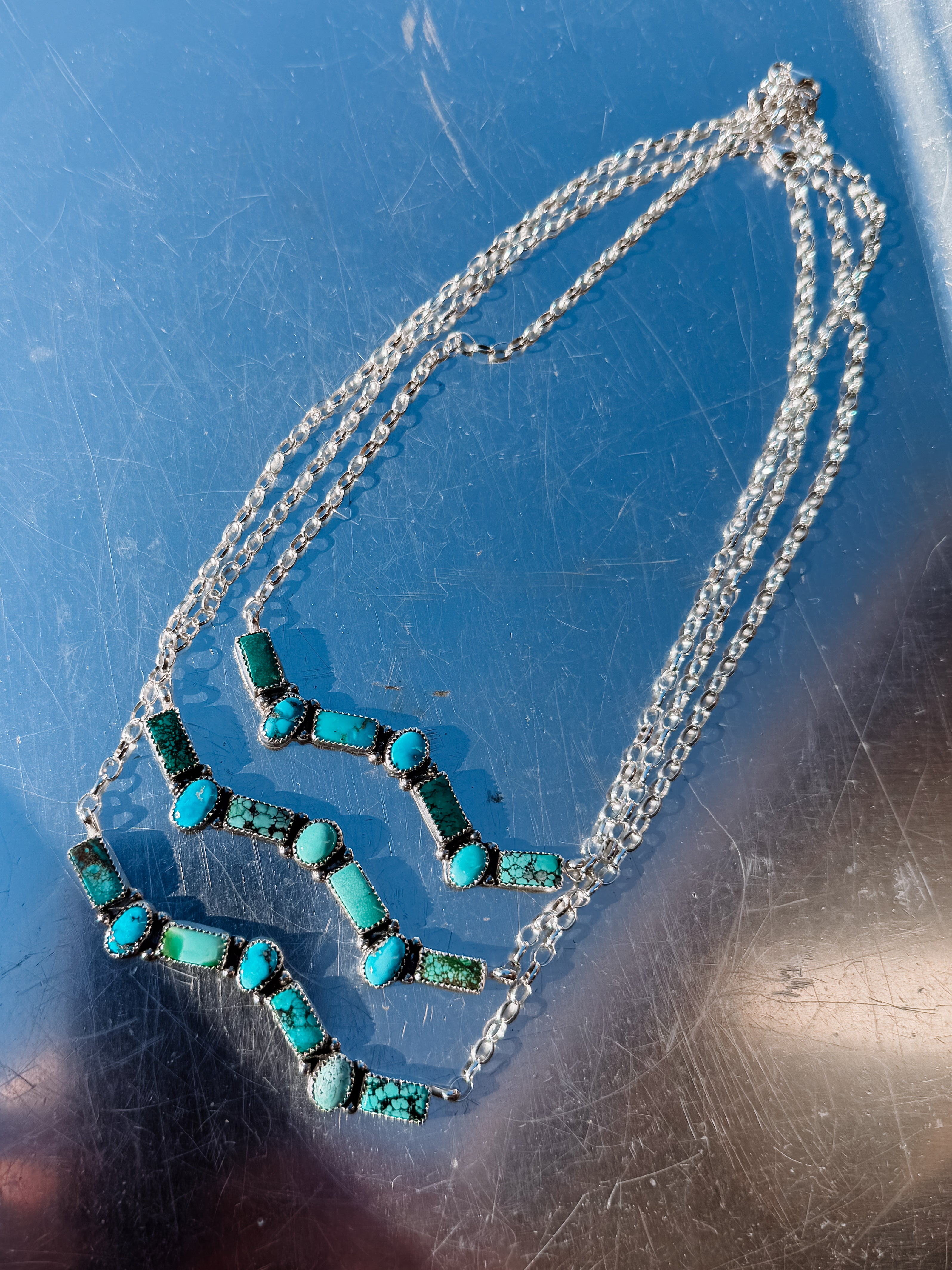 turquoise and sterling silver zig zag bar necklace