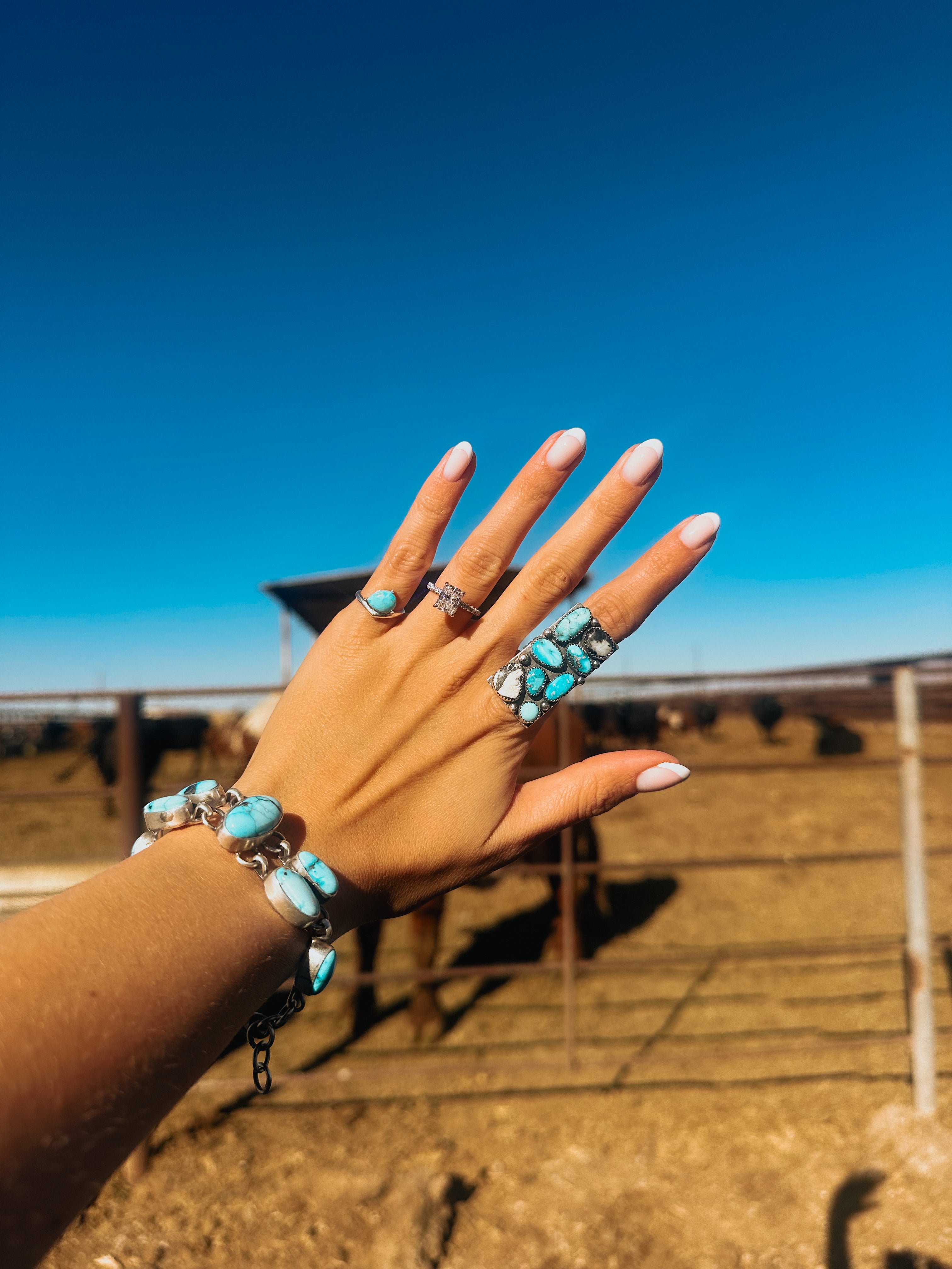 Hand with turquoise jewelry in front of a horse corral. floating turquoise pink ring