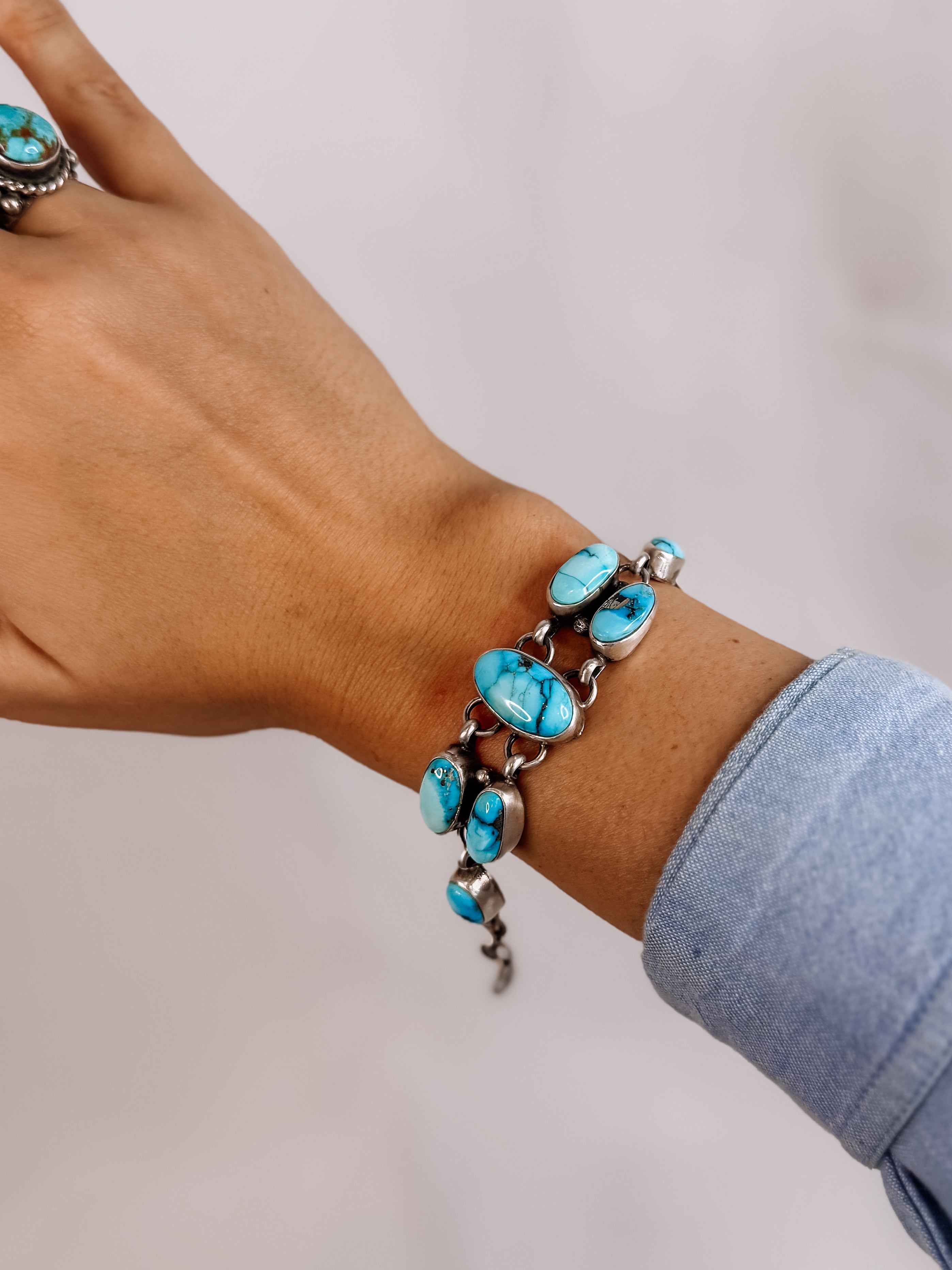 turquoise and sterling silver link statement bracelet