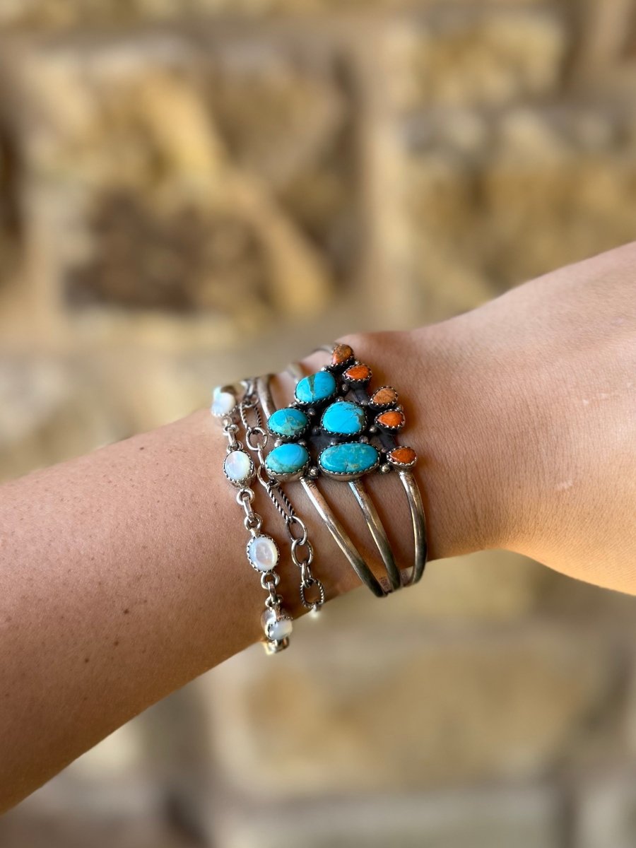 Alvord Turquoise + Apple Coral Cactus Cuff Bracelet - Horseshoe J & Co.