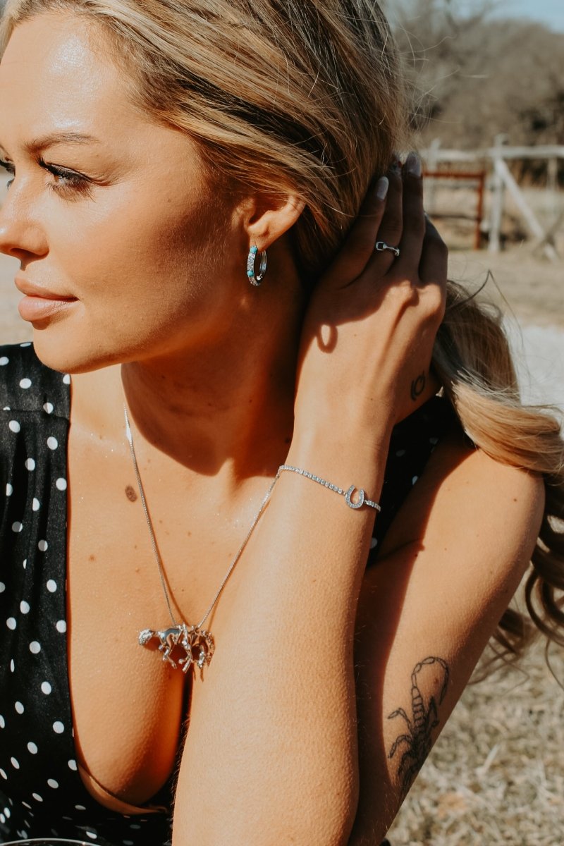 Cowgirl Luxe Sleeping Beauty & Clear CZ Hoop Earrings - Horseshoe J & Co.