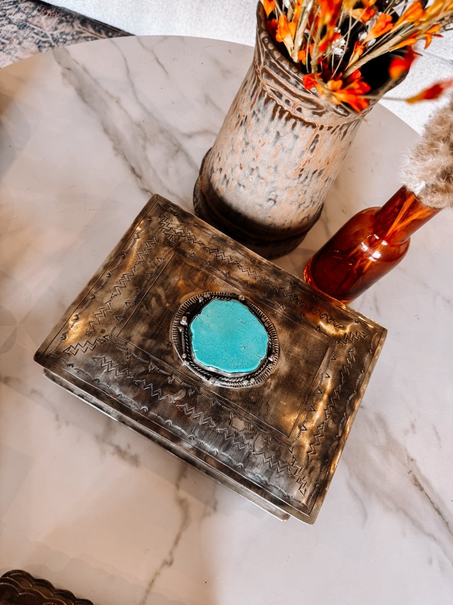 Ellis Stamped Box With Turquoise - Horseshoe J & Co.