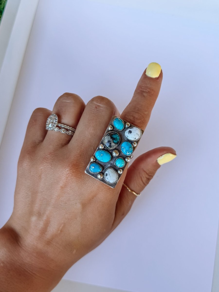 Harley Adjustable Turquoise + White Buffalo Cluster Ring - Horseshoe J & Co.