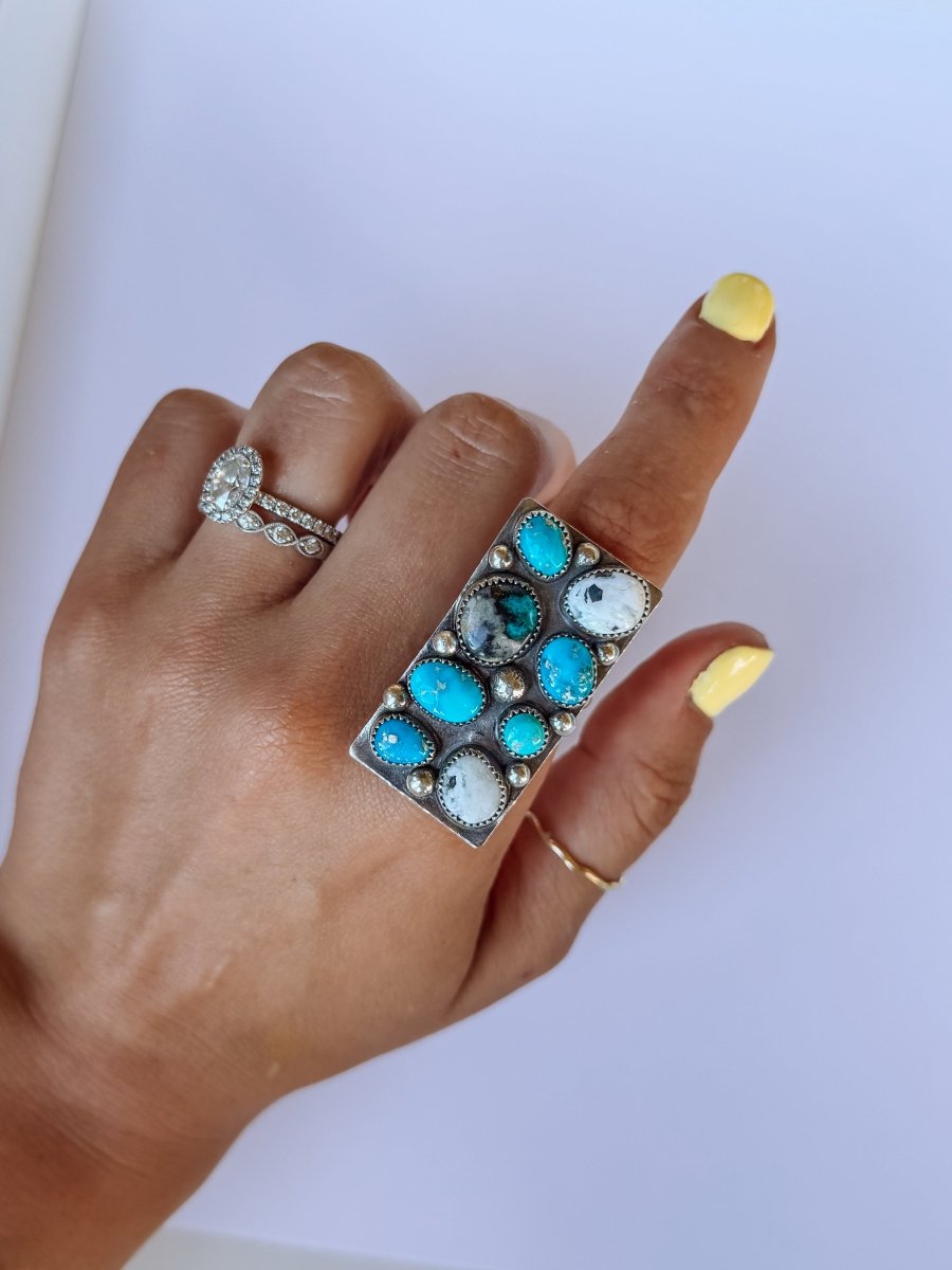 Harley Adjustable Turquoise + White Buffalo Cluster Ring - Horseshoe J & Co.