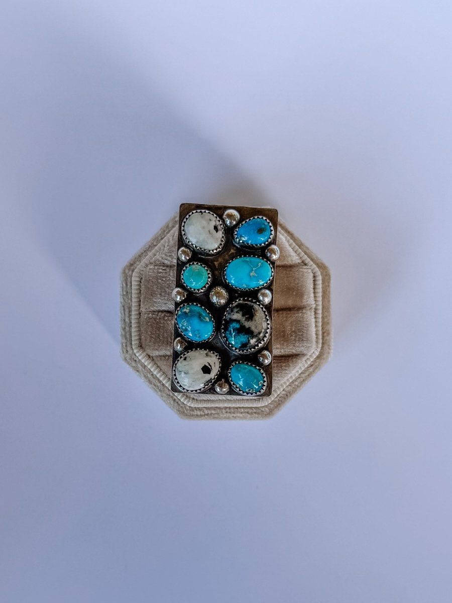 Harley Adjustable Turquoise + White Buffalo Cluster Ring - Horseshoe J & Co.