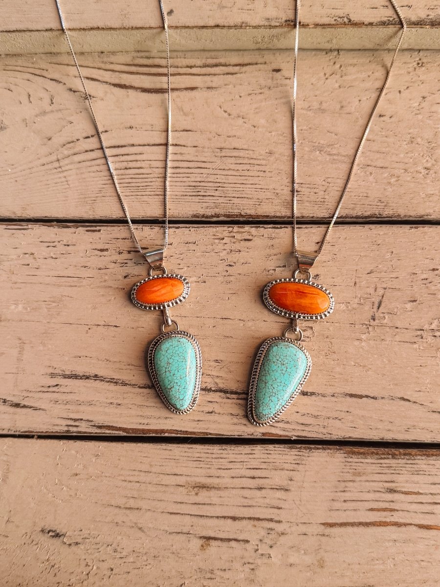 Henderson Orange Spiny Oyster + Turquoise 2 Stone Necklace - Horseshoe J & Co.