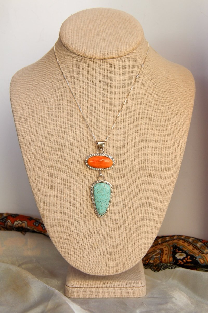 Henderson Orange Spiny Oyster + Turquoise 2 Stone Necklace - Horseshoe J & Co.