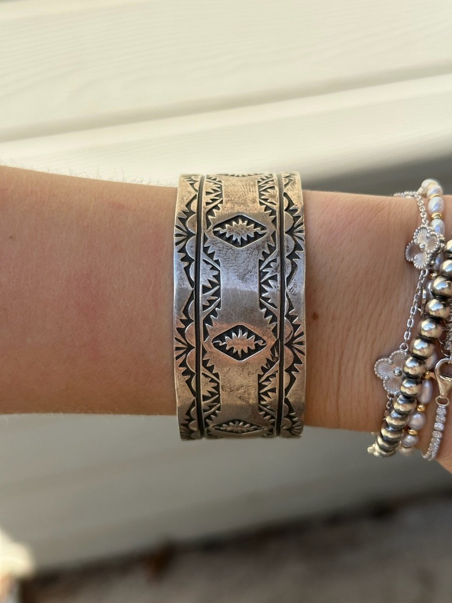 Moore Silver Stamped Statement Cuff Bracelet - Horseshoe J & Co.