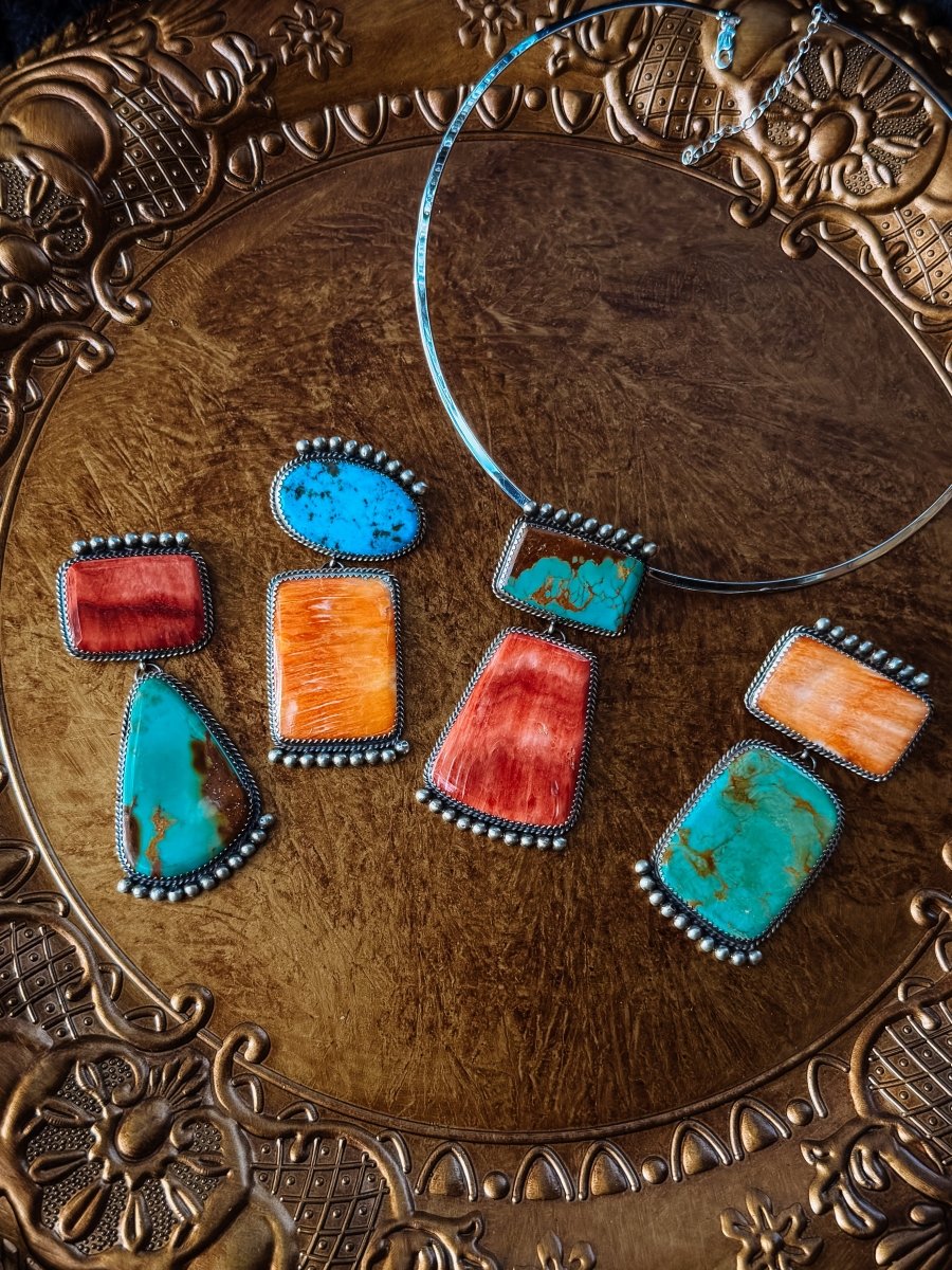 Naco 2 Stone Hook Pendant (Orange/Red Spiny + Turquoise) - Horseshoe J & Co.