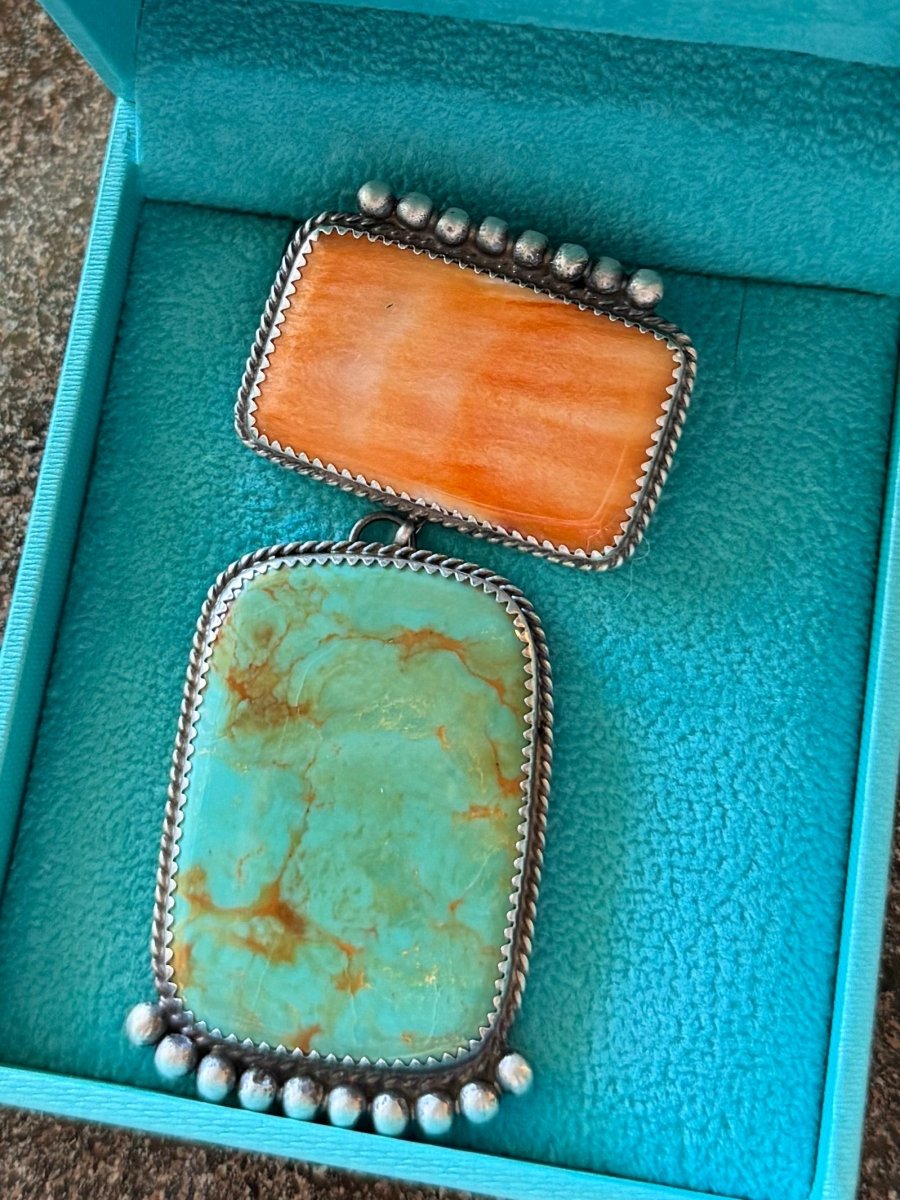 Naco 2 Stone Hook Pendant (Orange/Red Spiny + Turquoise) - Horseshoe J & Co.