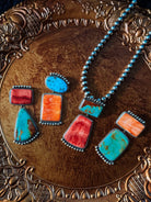 Naco 2 Stone Hook Pendant (Orange/Red Spiny + Turquoise) - Horseshoe J & Co.