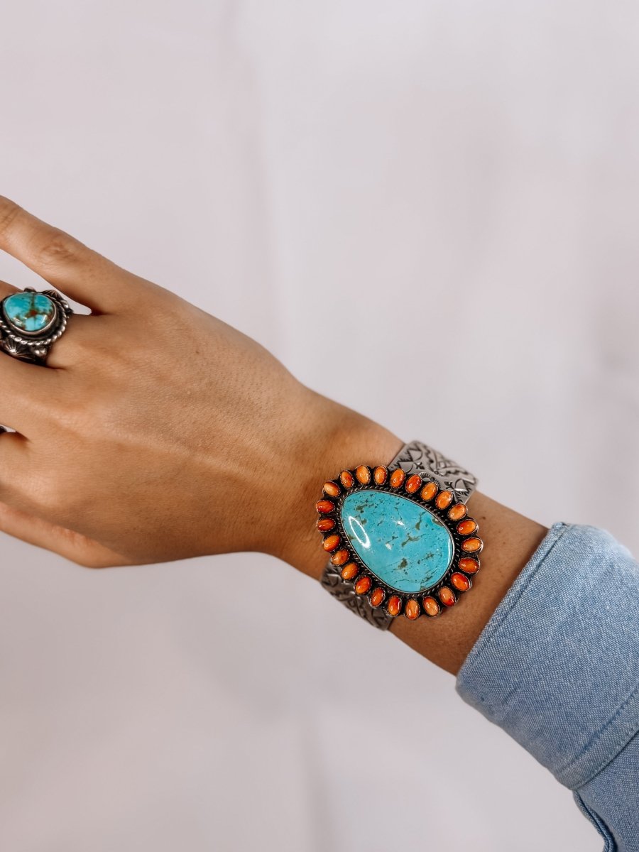 Olney Orange Spiny/Turquoise Cuff Bracelet - Horseshoe J & Co.