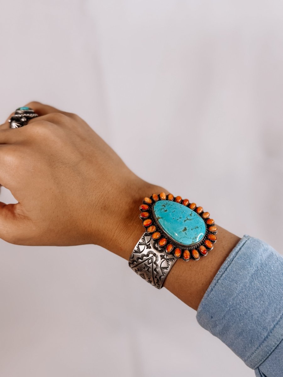Olney Orange Spiny/Turquoise Cuff Bracelet - Horseshoe J & Co.