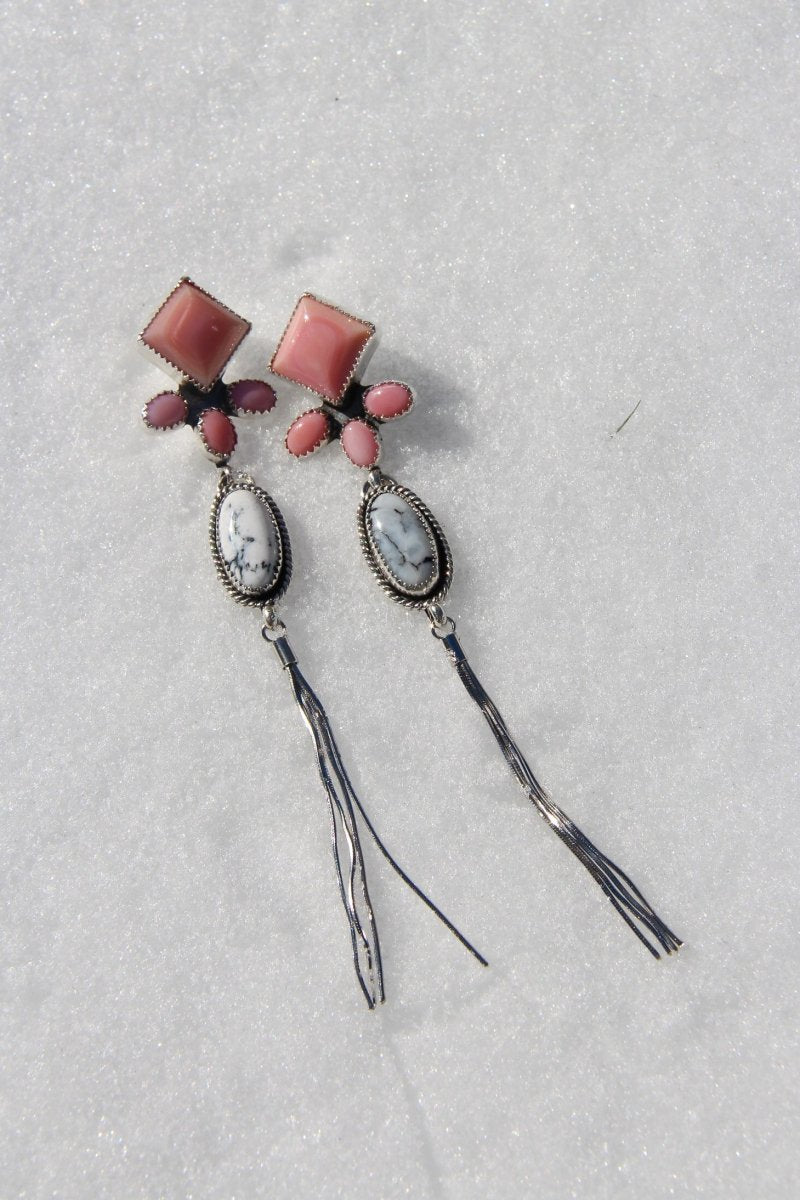 Pink Conch and Turquoise/White Buffalo Tassel Earrings - Horseshoe J & Co.