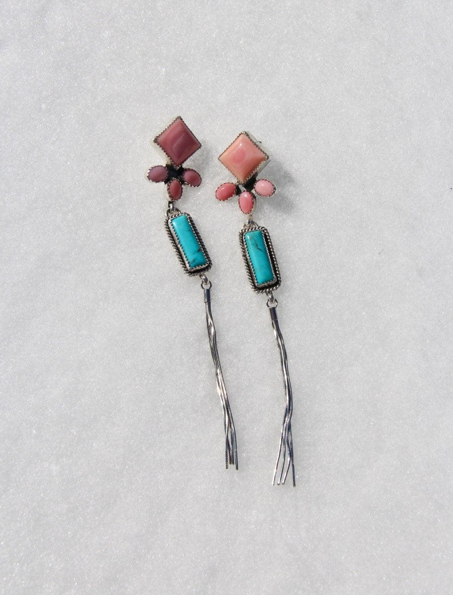 Pink Conch and Turquoise/White Buffalo Tassel Earrings - Horseshoe J & Co.