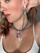 Pink Conch and Turquoise/White Buffalo Tassel Earrings - Horseshoe J & Co.