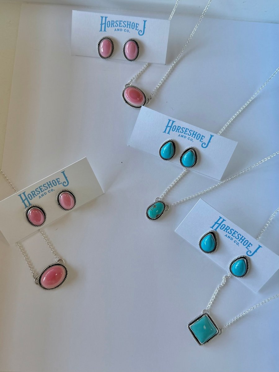 Seneca Pink Conch/Turquoise Earring + Necklace Set - Horseshoe J & Co.