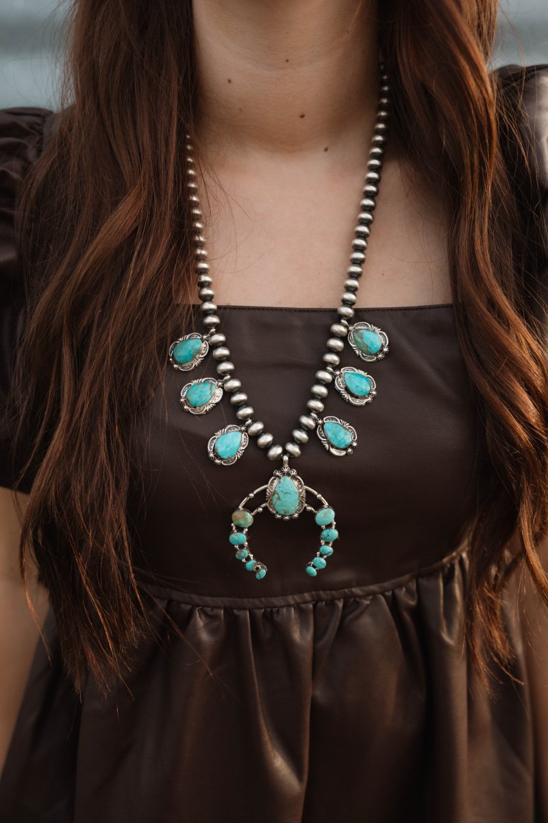 Two Stories Wide Turquoise Squash Blossom - Horseshoe J & Co.