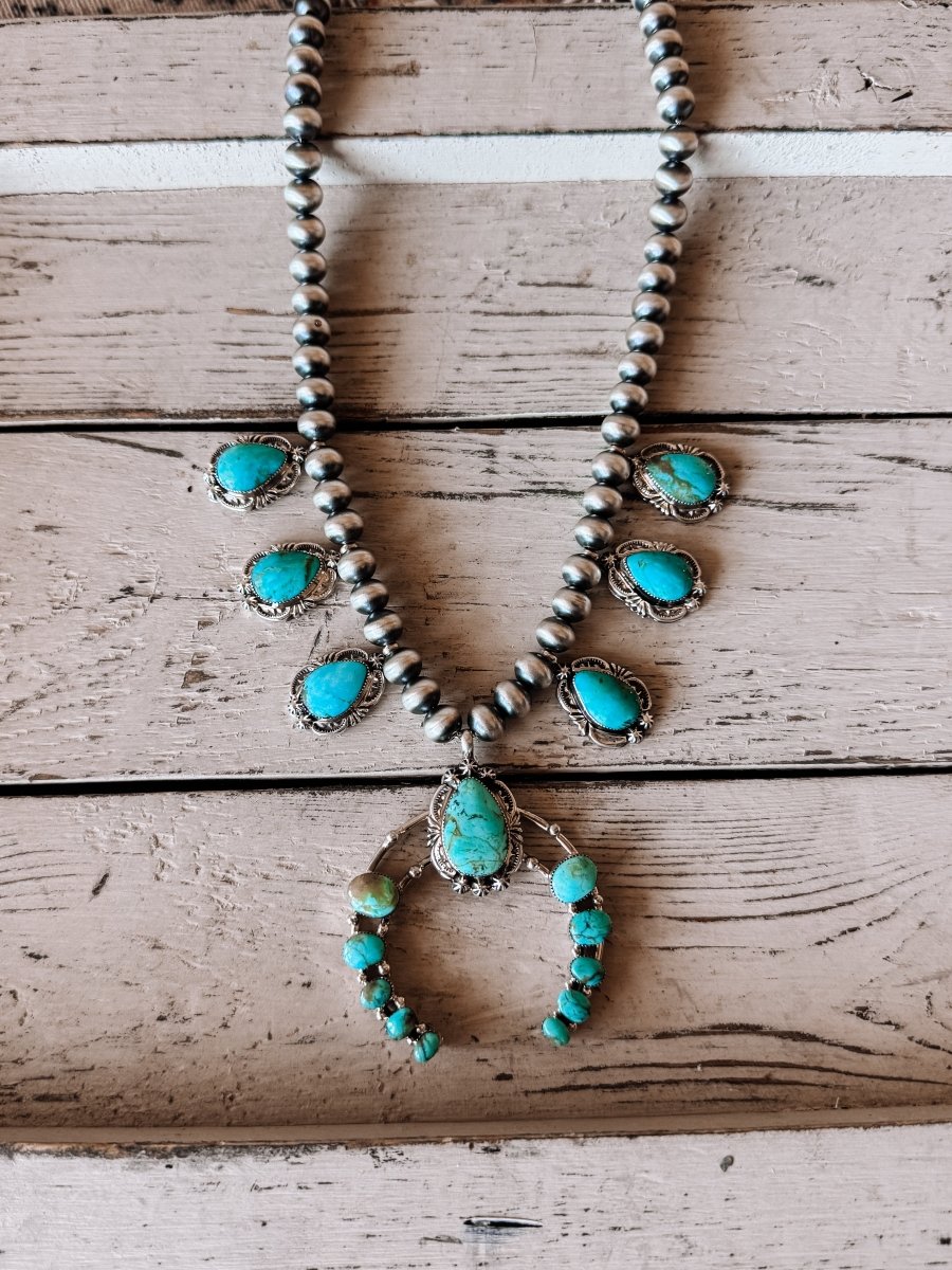 Two Stories Wide Turquoise Squash Blossom - Horseshoe J & Co.
