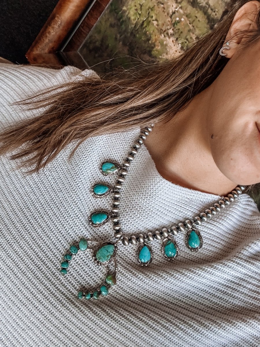 Two Stories Wide Turquoise Squash Blossom - Horseshoe J & Co.