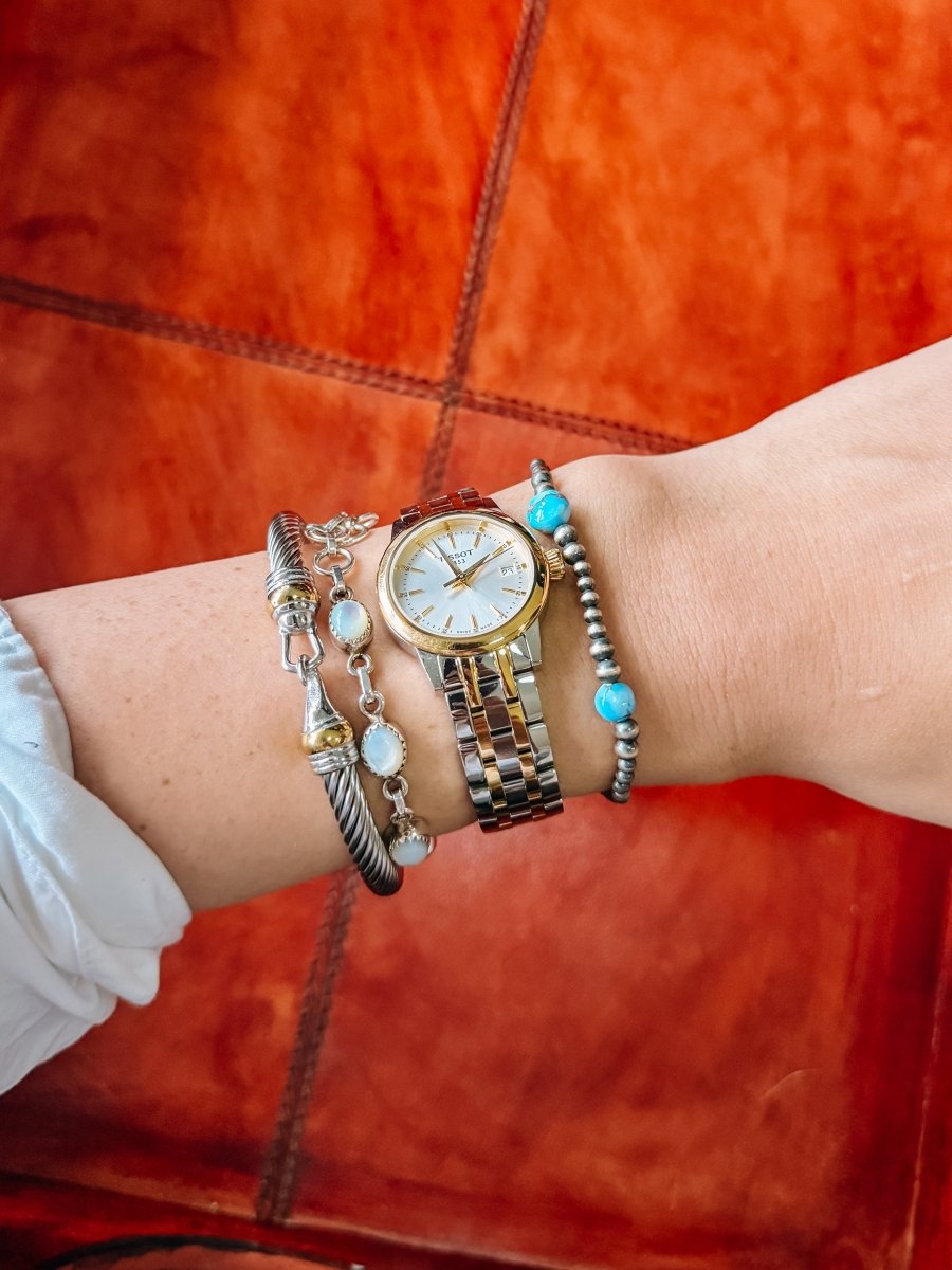 Yucca Golden Hills + Sterling Silver Pearl Stretch Bracelet - Horseshoe J & Co.