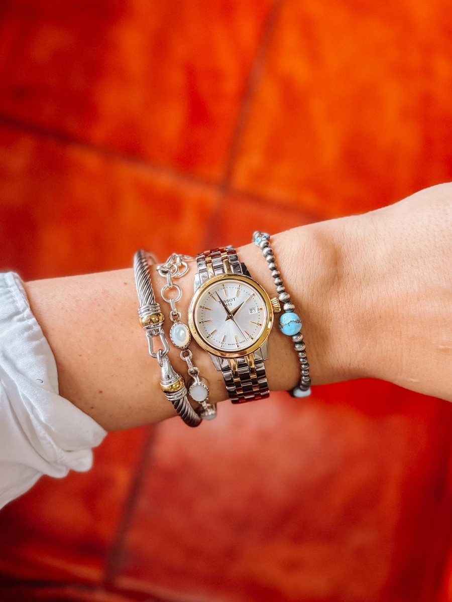 Yucca Golden Hills + Sterling Silver Pearl Stretch Bracelet - Horseshoe J & Co.